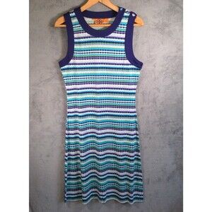 Tory Burch 100% Silk Dress Size L Purple Stripe Midi Sleeveless Summer Dress